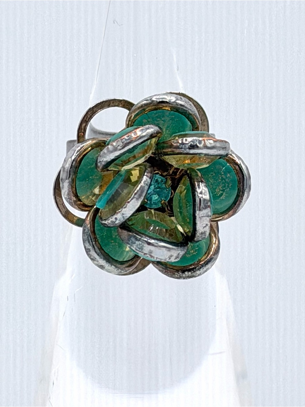 Peacock Aqua Blue Green Glass & Rhinestone Flower Fashion Ring Woman’s Jewelry